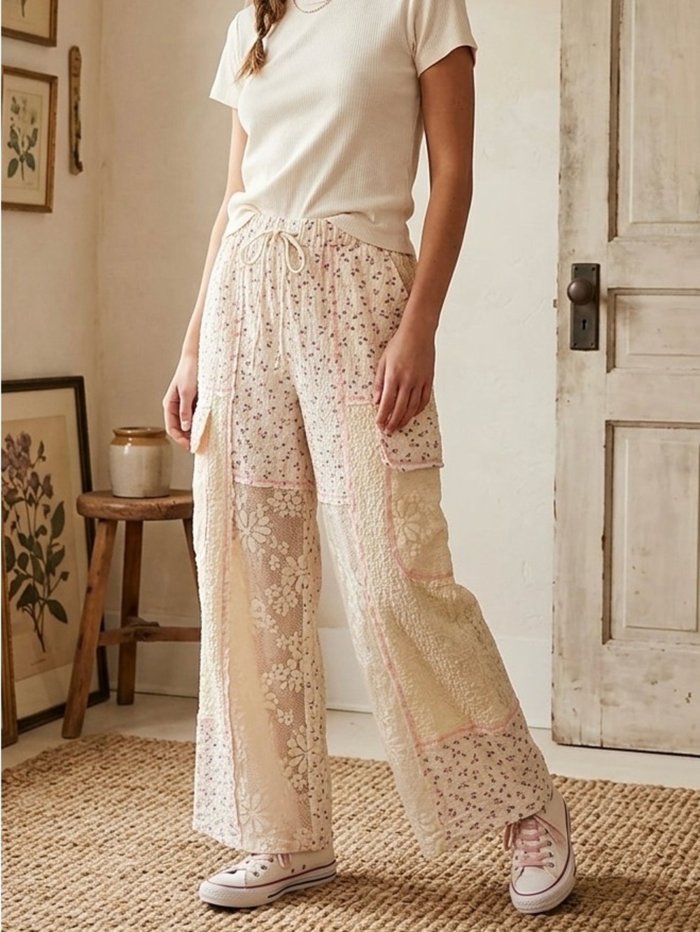 POL Boho Patchwork Mixed Media Cargo Pants | Small NWT